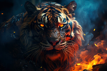 Aggressive mystical angry tiger on a dark background with smoke and fire