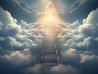Stairway through the clouds to the heavenly light. Stairway to heaven. Copyspace. Generative AI - Powered by Adobe