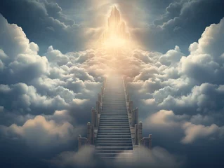 Tuinposter Stairway through the clouds to the heavenly light. Stairway to heaven. Copyspace. Generative AI © Madina