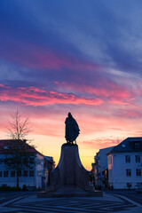 Monument statue of Leif Erikson, a famous Icelandic explorer in front of main entrain the...