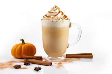 Seasonal pumpkin spice latte in mug on white background