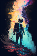 Fototapeta na wymiar Beautiful painting of an astronaut in a colorful galaxy in space. astronaut artwork. AI generated