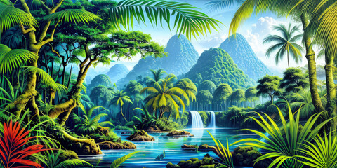 Fototapeta na wymiar Landscape Illustration Island Fantasy 3D Realistic Jungle Environment