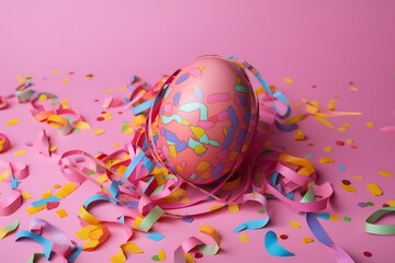 Fototapeta na wymiar colourful egg on the pink floor covered with ribbons