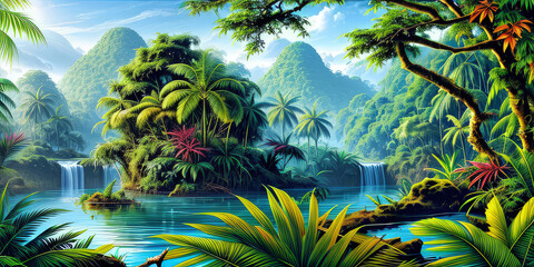 Landscape Illustration Island Fantasy 3D Realistic Jungle Environment