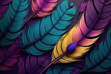colorful feathers leave on the living wall 3d abstraction wallpaper. Abstract seamless pattern peacock feathers background. Multicolor feather above on hanging wall interior mural paint, Generative AI