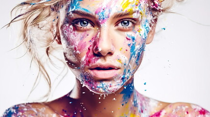 Close-up portrait of young woman with splash of colorful paint on her face.On the light background.