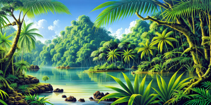 Landscape Illustration 3D Realistic Fantasy Tropical Island Forest Environment By Scenic Green Foliage