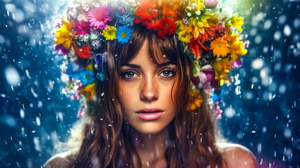 Close-up portrait of a young woman with long hair and wreath of flowers on her head, in the rain with drops on her face. On bright blurry nature background