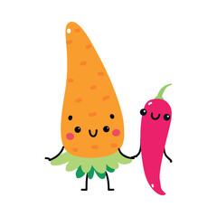 Funny Carrot and Chili Pepper Vegetable Character Hold Hands with Cute Smiling Face Vector Illustration