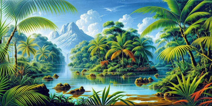 Landscape Illustration 3D Realistic Fantasy Tropical Island Forest Environment By Scenic Green Foliage