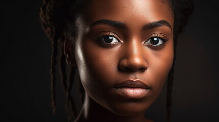 Close-up portrait of a young African American woman with expressive features against a dark background.