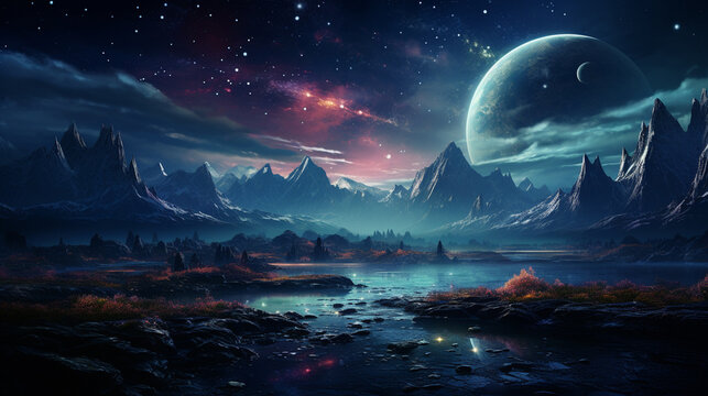 Fantasy World Landscape on an Extrasolar Alien Planet - Futuristic Sci-Fi