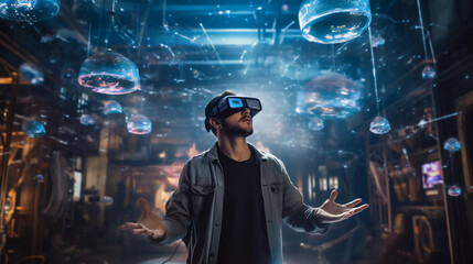 Young man with VR glasses in a futuristic world. ai generated 