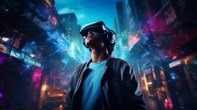 Young man with VR glasses in a futuristic world. ai generated 