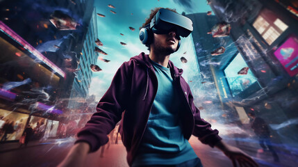 Obraz na płótnie Canvas Young man with VR glasses in a futuristic world. ai generated 