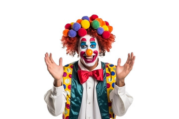 Clown from a Circus, with colorful face and hair, smiling looking happy and funny. Isolated on white background with copy space. Illustrative Generative AI. Not a real person.