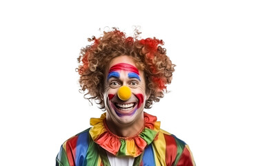 Clown from a Circus, with colorful face and hair, smiling looking happy and funny. Isolated on white background with copy space. Illustrative Generative AI. Not a real person.