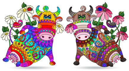 Naklejka premium A set of stained glass illustrations with cute cartoon cows, animals isolated on a white background