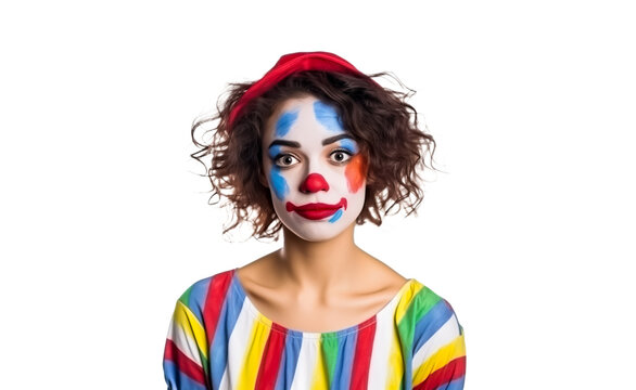 Female Clown from a Circus, with colorful face and hair, smiling looking happy and funny. Isolated on white background with copy space. Illustrative Generative AI. Not a real person.