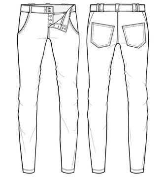 Women denim jeans trouser pants front and back view flat sketch fashion illustration, five pockets Jegging jeans denim pants cad drawing vector template