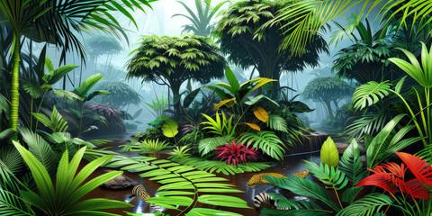 Landscape Illustration Fantasy Tropical Nature Forest Environment With Scenic Green Foliage. Digital Art. 3D Environment