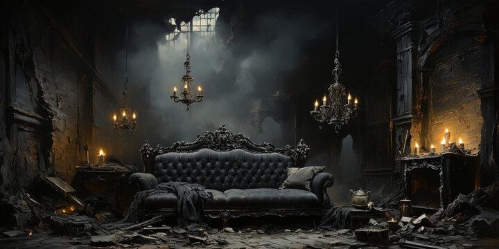 Generative AI, gothic ruined black interior and landscape  in the style of gloomy fantasy