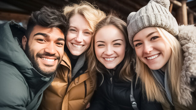 Multiracial Best Friends Having Fun Outside. Friendship Concept With Guys And Girls Hanging Out On City Street.
