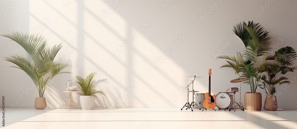 Wall mural a white studio background is available for product presentation. the room is empty with window shado