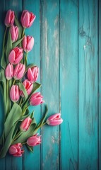 Bunch of pink, yellow and white tulips on a blue grunge wooden background.