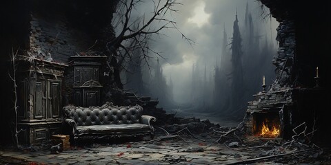 Generative AI, gothic ruined black interior and landscape  in the style of gloomy fantasy