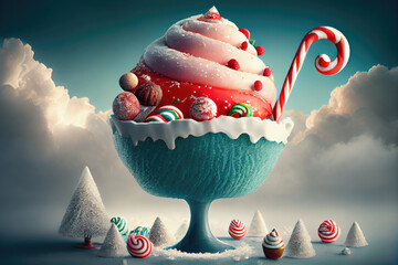 IA Generative cup of strawberry ice cream with sweets on a background of the sky with clouds