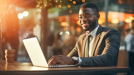 Successful black businessman in tailored suit working on laptop computer. Computer, happy and african professional taking notes, copywriting or research, planning and reading email. - Powered by Adobe