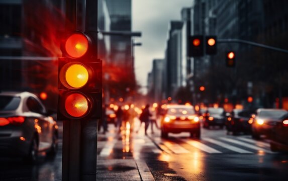 View of a Red Traffic Light at a Busy Intersection. AI