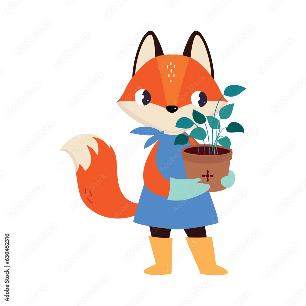 Sticker Cute Fox Gardener in Apron Holding Houseplant in Pot Vector Illustration