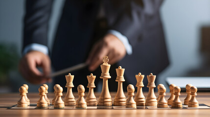 Businessman playing chess board game for development analysis new strategy planning and leader of teamwork concept. Business opposing team and analyze the success of the organization. - obrazy, fototapety, plakaty