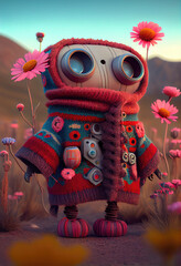 IA Generative Adorable robot creature in a hooded Andean coat surrounded by flowers in a field at sunset.