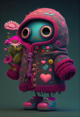 IA Generative Adorable creature in love, robot doll with hooded coat and flowers in hand on a blue background