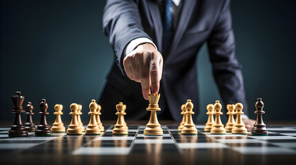 Businessman playing chess board game for development analysis new strategy planning and leader of teamwork concept. Business opposing team and analyze the success of the organization.