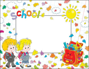 Obraz premium Vector school frame border with funny little schoolchildren, a cartoon satchel, yellow sun and falling colorful autumn leaves