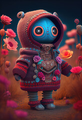 IA Generative robot creature waiting in the field at night for them to come and get it. concept abandonment