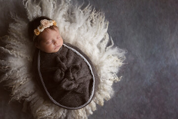 portrait of beautiful newborn baby girl sleeping wrapped on wool with floral headband in natural...