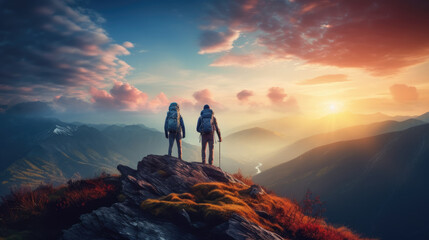 Two mountaineers standing on a mountain with large backpacks, in full mountaineering gear and looking at the mountains - obrazy, fototapety, plakaty