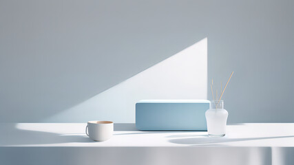 Product Photography & Presentation on Blue and White Cube Podium, Enhanced by Pastel Light Blue Minimal Wall Scene - obrazy, fototapety, plakaty