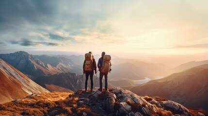 Two mountaineers standing on a mountain with large backpacks, in full mountaineering gear and looking at the mountains - Powered by Adobe