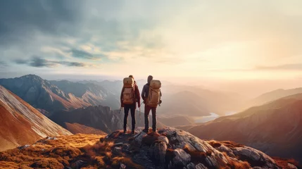 Photo sur Plexiglas Marron profond Two mountaineers standing on a mountain with large backpacks, in full mountaineering gear and looking at the mountains