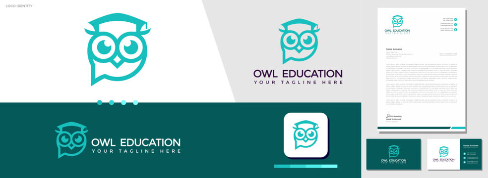 Modern style education logo design with owl character with business card and letterhead template. educational needs, teachers, and business enterprises