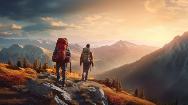 Two mountaineers standing on a mountain with large backpacks, in full mountaineering gear and looking at the mountains