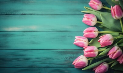 Bunch of pink, yellow and white tulips on a blue grunge wooden background.