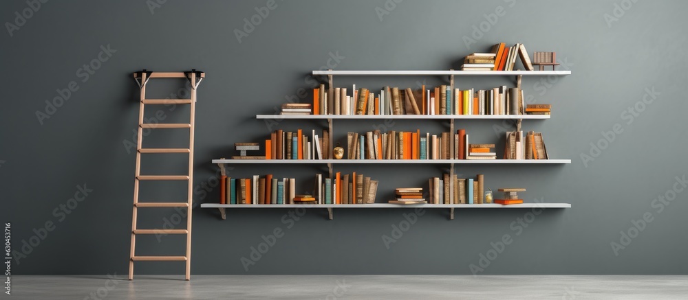 Poster a contemporary book rack or bookshelves with a library ladder for accessing books, set against a gre